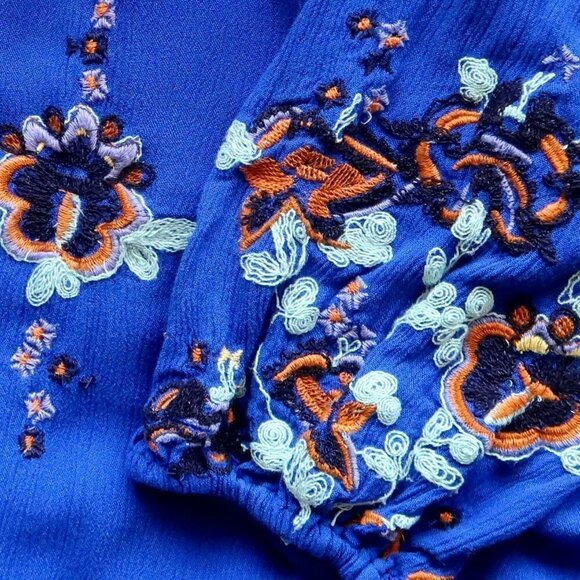 Free People Oxford Embroidered Blue Long Sleeve Cutout Back Mini Shift Dress M - Picture 13 of 16